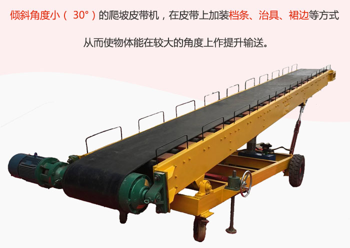 倾斜角度小（ 30°）的爬坡皮带机，在皮带上加装档条、治具、裙边等方式从而使物体能在较大的角度上作提升输送。